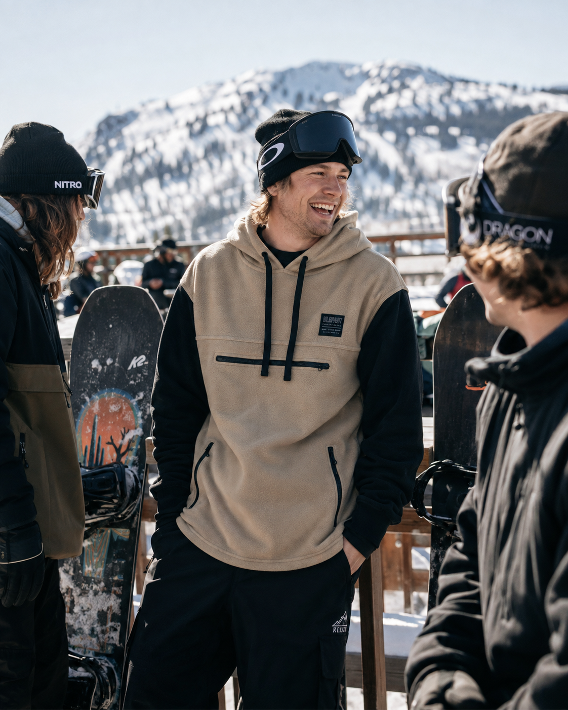 Rider in the tan Himalaya fleece tall hoodie